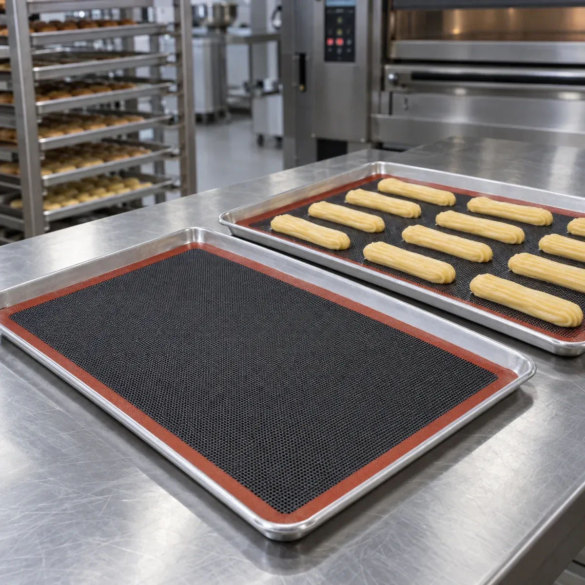 Red-border perforated silicone baking mats in commercial bakery trays on a stainless steel worktable, with an oven and tray rack behind