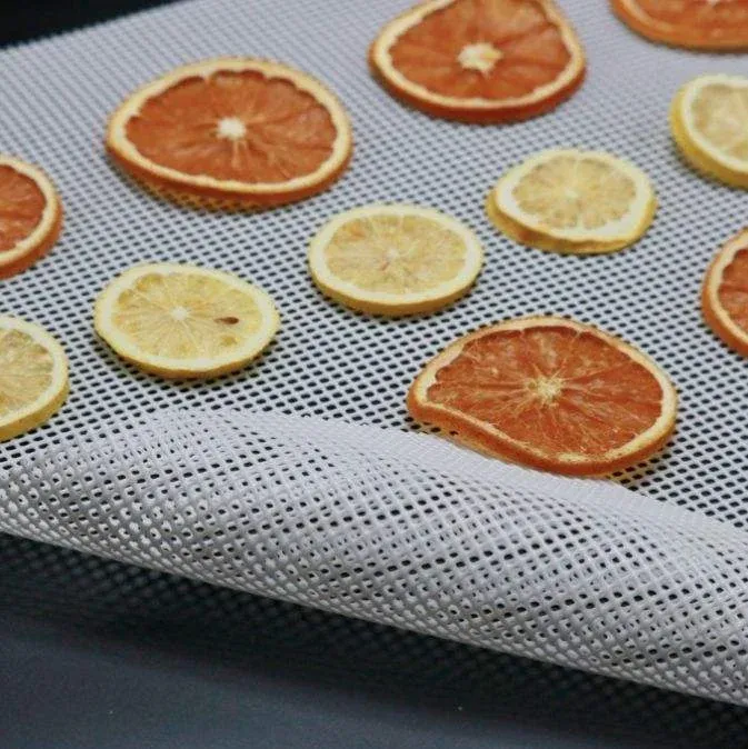 Citrus slices resting on white open silicone mesh with a visible cut edge