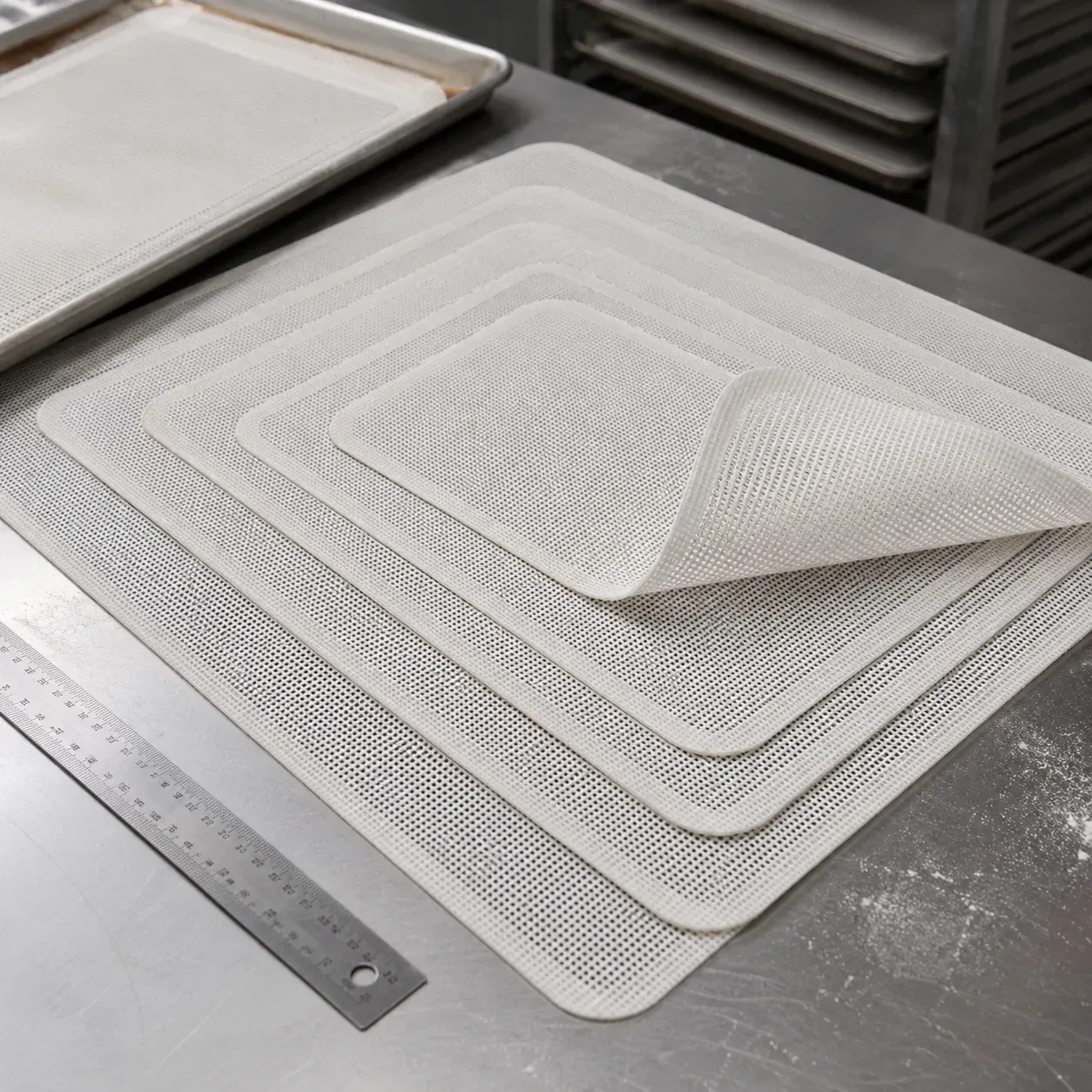 Commercial pastry trays lined with silicone mesh baking mats