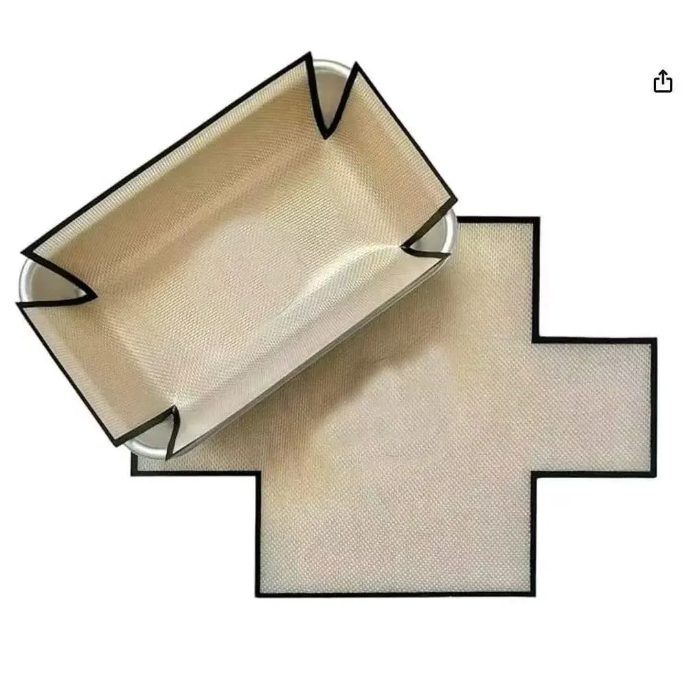 Cross-shaped silicone fiberglass mat shown flat and folded into a loaf pan liner