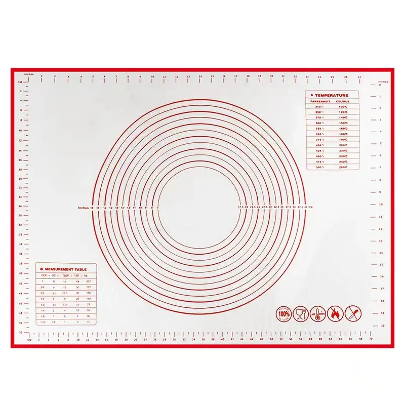 Red-border silicone fiberglass pastry mat with rulers, concentric dough circles and conversion tables